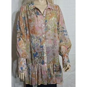 Beulah Style Pink Womens Size Medium Button Down Boho Long Sleeve Sheer Floral